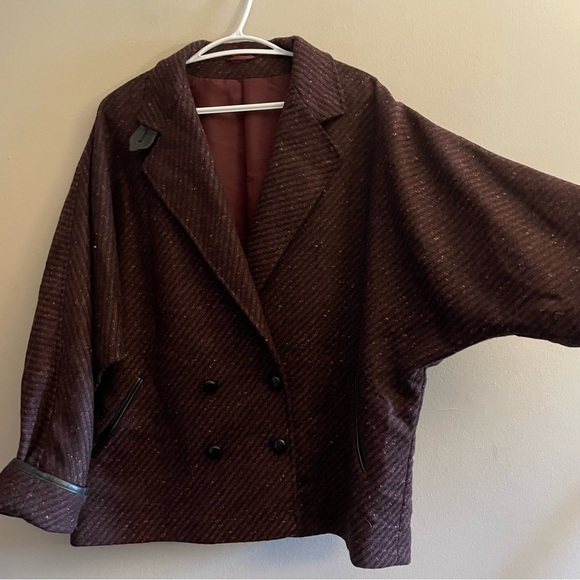 Vintage BHS Wool Burgundy Double-Breasted Cape Coat w Leather Trim Size 18 - Picture 8 of 15